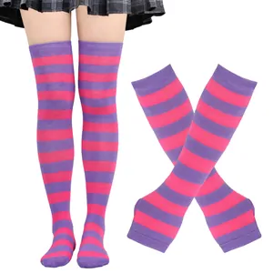 Set of pink and purple striped thigh-high stockings with matching arm warmer gloves