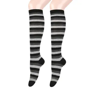 Detailed view of black and grey striped knee-high socks for cosplay and dance