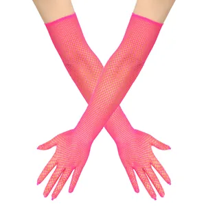 Detail view of long neon pink fishnet gloves with elastic mesh for party costumes