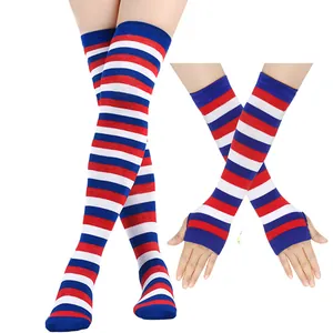Close-up detail of red, white, and blue striped over-the-knee socks and arm warmers