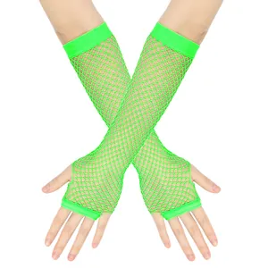 Macro detail of neon green fishnet arm warmers showing high elasticity and mesh pattern