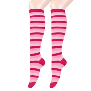 Detailed view of pink and red striped knee-high socks for COSPLAY and dance