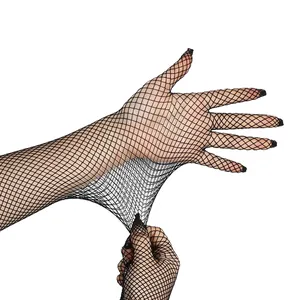 Close-up showing the high elasticity and fine mesh texture of black fishnet gloves