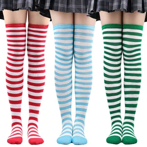 Detailed view of colorful striped over-the-knee socks for anime cosplay and parties