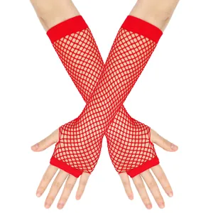 Detailed view of red elastic fishnet long fingerless gloves for costume party or club