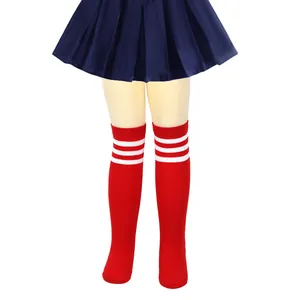 Detailed view of children's red and white three-stripe knee-high knit socks for cosplay events
