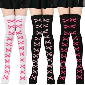 Calcetines Sobre la Rodilla con Patrón de Huesos para Halloween Party Gótico Lolita Cosplay Calcetines hasta el Muslo Mujer