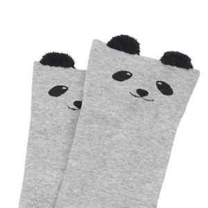 Detail view of grey cartoon panda over-the-knee socks with cute 3D ears and soft knit texture.