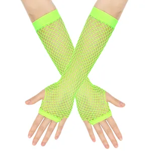 Detailed close-up view of vibrant neon green long fishnet mesh fingerless gloves for party wear