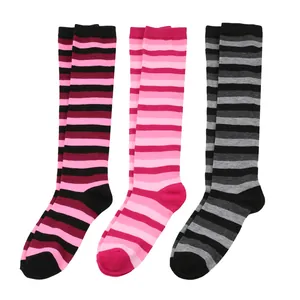 Set of three pairs of colorful horizontal striped knee-high socks for cosplay and dance costumes.