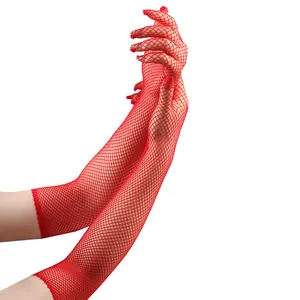 Close-up of sexy long red fishnet gloves with fingers for party or bridal costumes