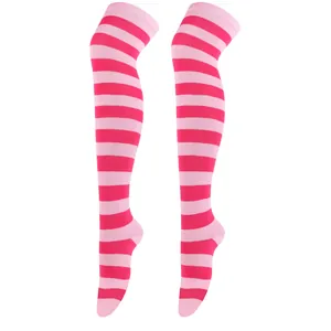 Close-up detail of pink and light pink horizontal striped over-the-knee cosplay thigh high socks