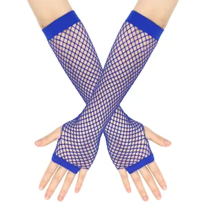 Detailed view of blue fishnet hollow-out long gloves for party and clubwear.