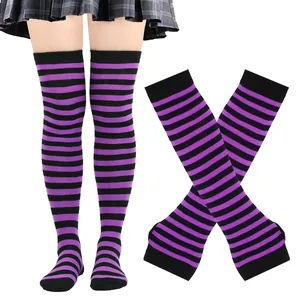 Halloween Christmas Striped Over Knee Socks and Arm Warmers Set Cosplay Long Gloves and Stockings For Women Daily Accessories