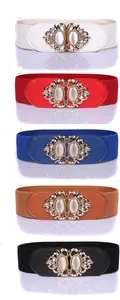 Five wide elastic waist belts with elegant rhinestone buckles in various colors