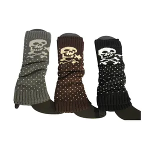 Knitted skull pattern leg warmers and Halloween boot covers available in three colors.
