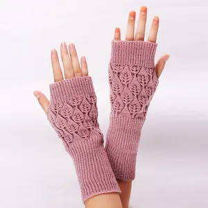 Women Fingerless Knitted Long Gloves Acrylic Hollow Out Leaf Pattern Warm Winter Arm Warmers Mittens Elegant Fashion Accessories