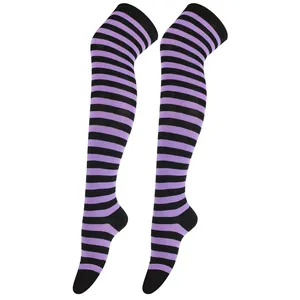 Close-up view of purple and black horizontal striped over-the-knee cosplay party socks