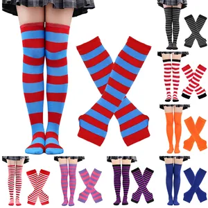 Striped over-the-knee socks and matching arm warmers set for cosplay and holiday parties.