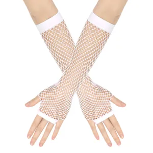 Detailed view of white fishnet fingerless long gloves for clubbing and party scenes.