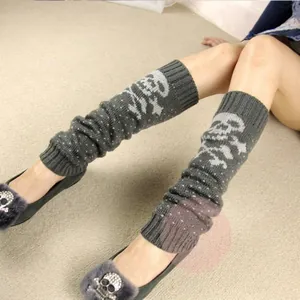 Stylish grey knitted skull leg warmers for Halloween party costume and winter warmth