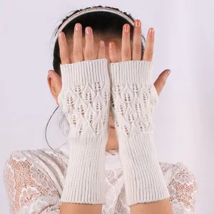 Elegant white hollow out acrylic knitted fingerless long arm warmers for women in winter