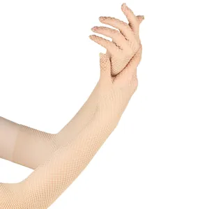 Detail shot of elegant long fishnet gloves showing the fine elastic mesh texture.