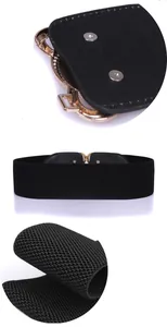 Detailed views of a wide black elastic waist belt with gold buckle and woven texture.