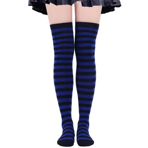 Detailed view of blue and black striped over-the-knee socks for cosplay and parties