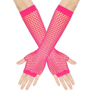 Close-up detail of vibrant neon pink long fishnet gloves for party and costume wear