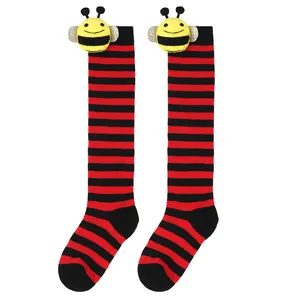 Children's cute bee doll striped knee-high socks with red and black stripes design