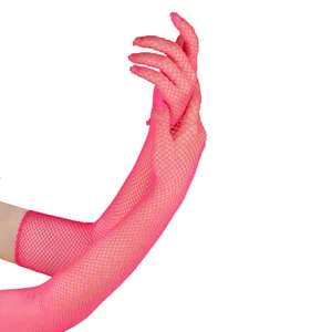 Bright pink neon fishnet gloves with fingers detail shot for party or club wear