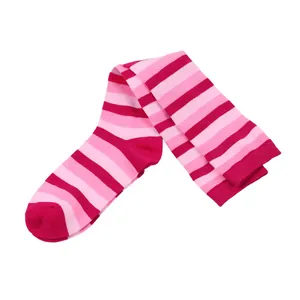 Detailed view of pink and magenta striped over-the-knee socks for cosplay and dance