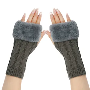 Detail view showing cable knit texture and soft faux fur trim on fingerless gloves