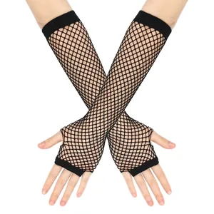 Detailed view of black fishnet long fingerless gloves on crossed hands for party