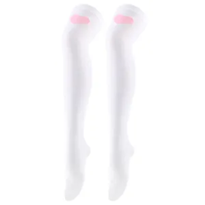 Close-up view of white over-the-knee socks featuring a cute pink heart detail at the top.