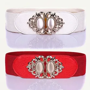 Women Plus Size Elastic Wide Waist Belt Retro Rhinestone Hollow Metal Buckle PU Leather Waist Cincher For Dresses Jewelry Decor
