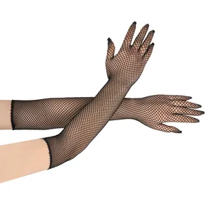 Close-up of black fishnet long gloves with fingers for party and prom wear.