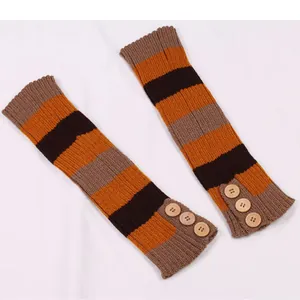Striped knitted leg warmers with three buttons for winter boot cuff warmth and style
