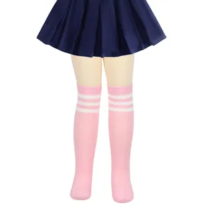 Girls' pink knee-high socks with triple white stripes for school or COS outfits.