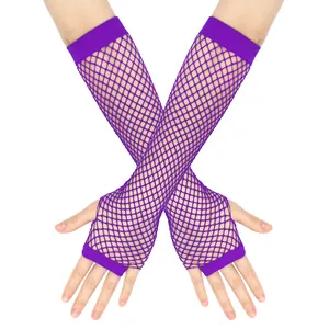 Elegant purple stretchy fishnet fingerless long gloves for party clubwear and events