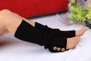Detailed view of black ribbed knit leg warmers featuring three vintage wood buttons
