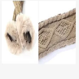 Detailed view of cable knit rhombus pattern and faux fur trim on long arm warmer gloves