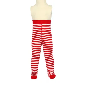 Detail view of baby footed leggings featuring festive red and white horizontal stripe design