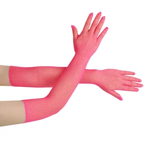 Detail of neon pink long fishnet gloves featuring elastic mesh texture and finger design.