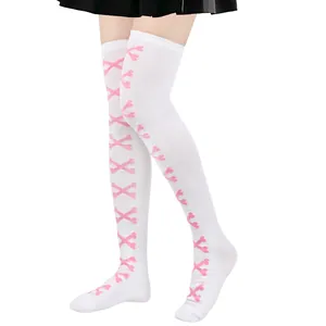 Medias blancas por encima de la rodilla con estampado de huesos rosas para Cosplay.