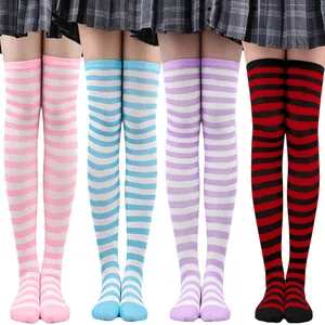 Close-up detail of colorful striped thigh high over knee socks for cosplay outfits