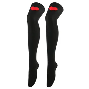 Black over-the-knee socks featuring a red heart pattern for Valentine's Day parties.