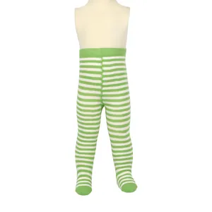Detail view of high-quality green and white striped footed tights for infants and toddlers
