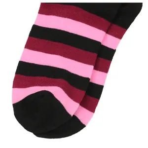 Close-up of black, pink, and maroon striped knee-high socks with soft knit texture details.